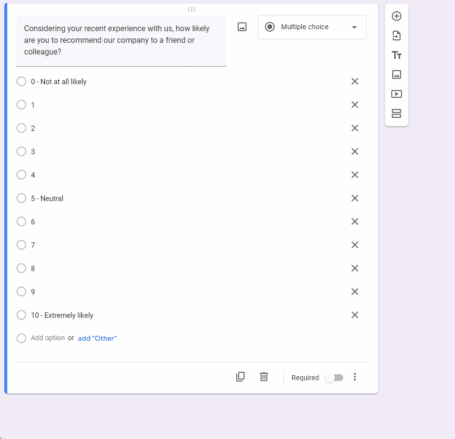 Setting up three separate sections in Google Forms for an NPS survey. Each section is meant to be for one of the three NPS segments: Detractors, Passives, and Promoters.